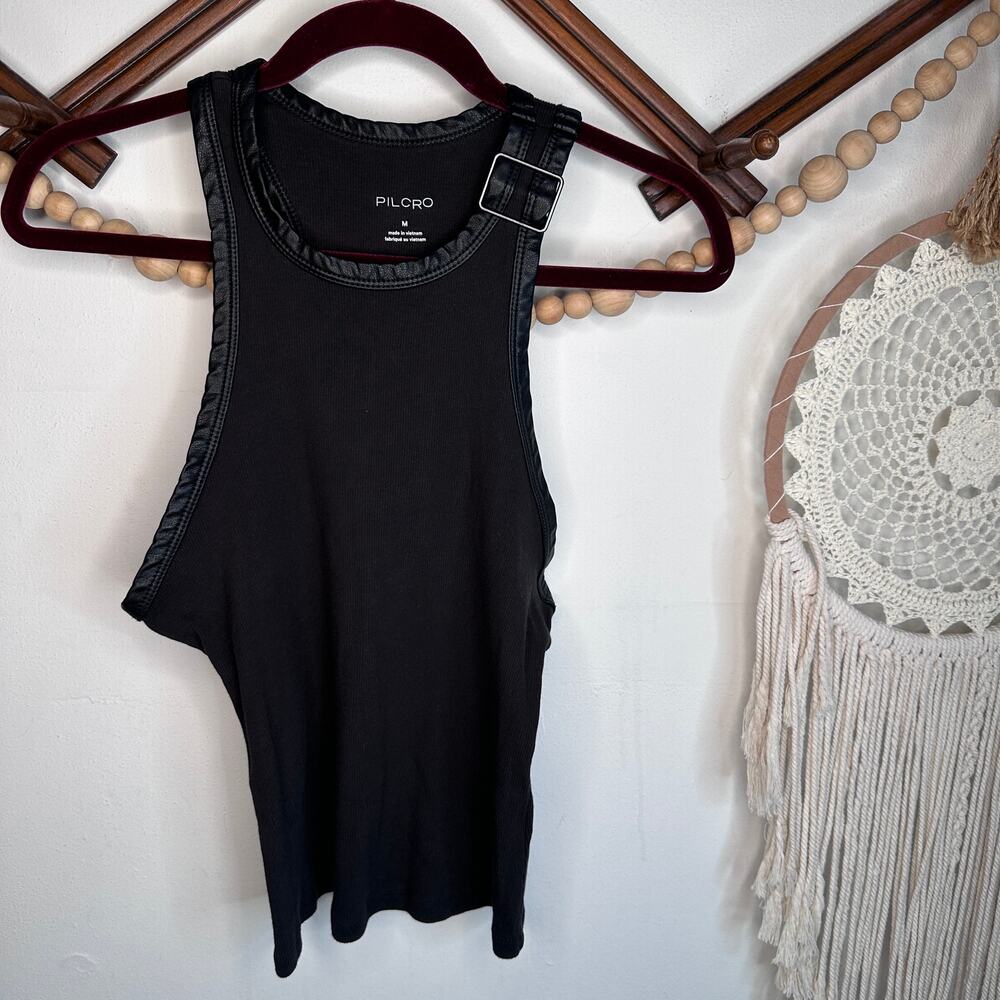 Pilcro Black Faux Leather Trim Tank